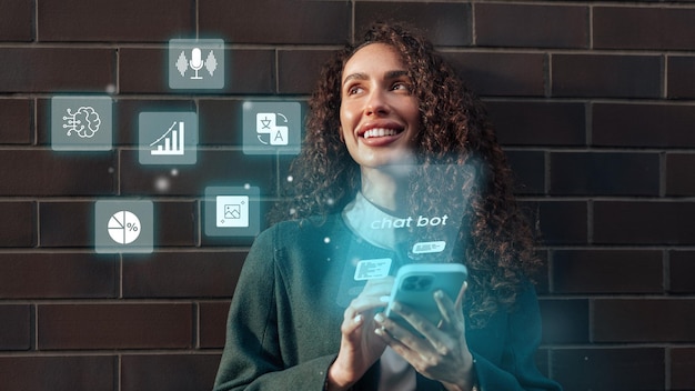 Young woman interacting with a smartphone while engaging with chatbot features against a dark brick