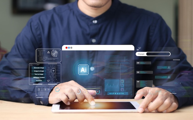 Conversar com IA ou Inteligência Artificial Jovem empresário conversando com uma IA inteligente ou artificial