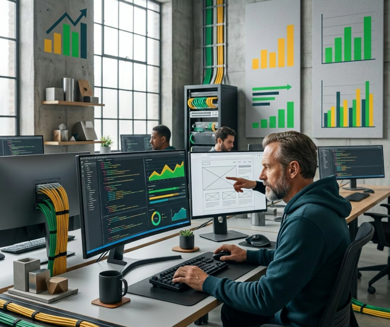 Imagem profissional de blog sobre: "Guia técnico para otimizar a performance de sites profissionais e vender mais". Dire