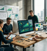 Empresário que usa computador para desenvolvimento e análise Sistema de gestão de tecnologia de dados