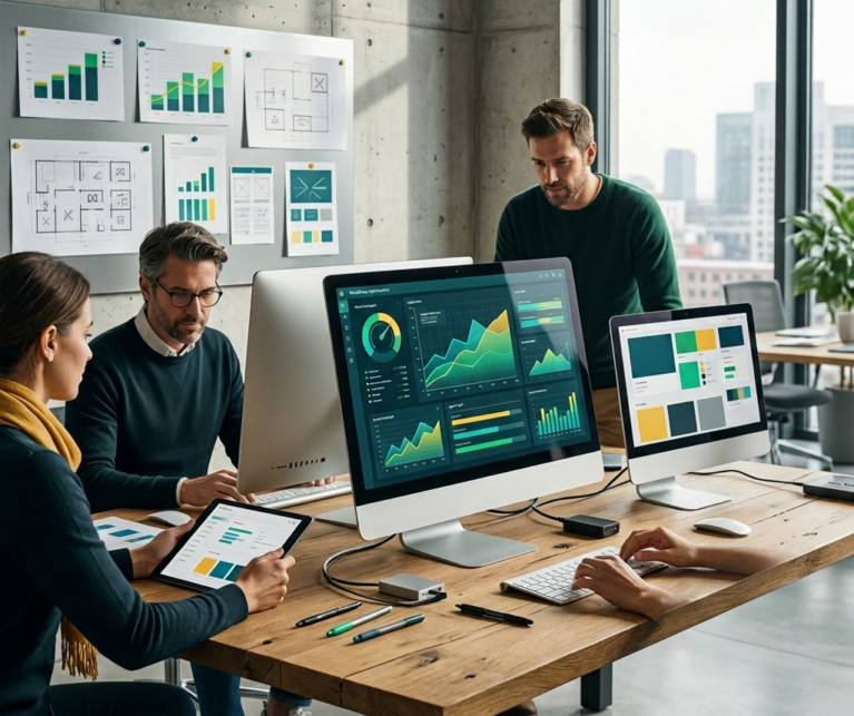 Empresário que usa computador para desenvolvimento e análise Sistema de gestão de tecnologia de dados