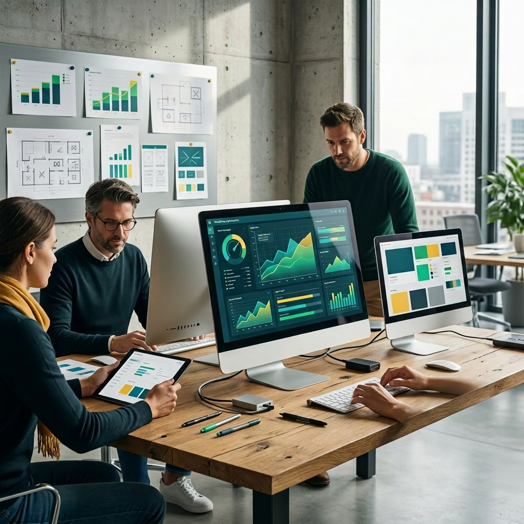 Empresário que usa computador para desenvolvimento e análise Sistema de gestão de tecnologia de dados